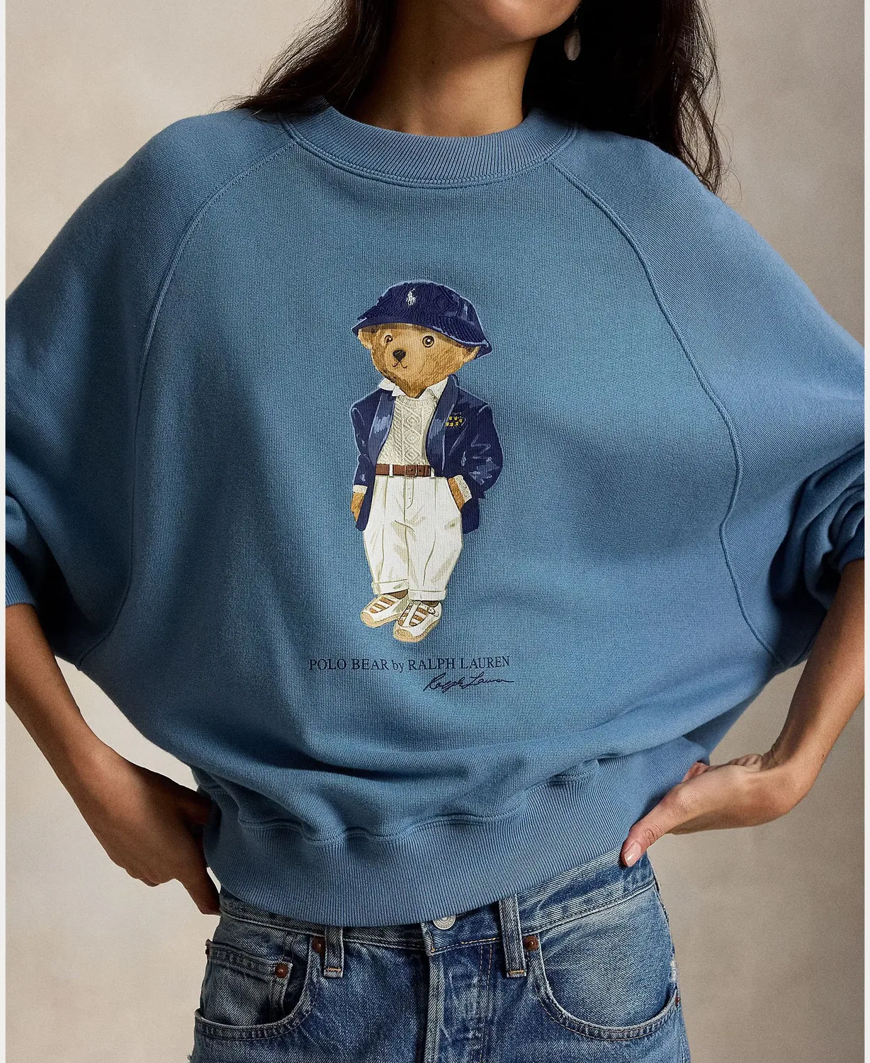 Женская хлопковая фуфайка с принтом Polo Bear Polo Ralph Lauren, Azul Porcelana — фото 3
