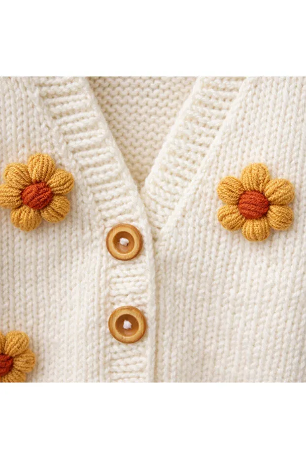 Детский кардиган для новорожденных с цветочным принтом Hand knitted popcorn floral baby cardigan Aykır I Bebe, Cream Mustard Yellow — фото 2