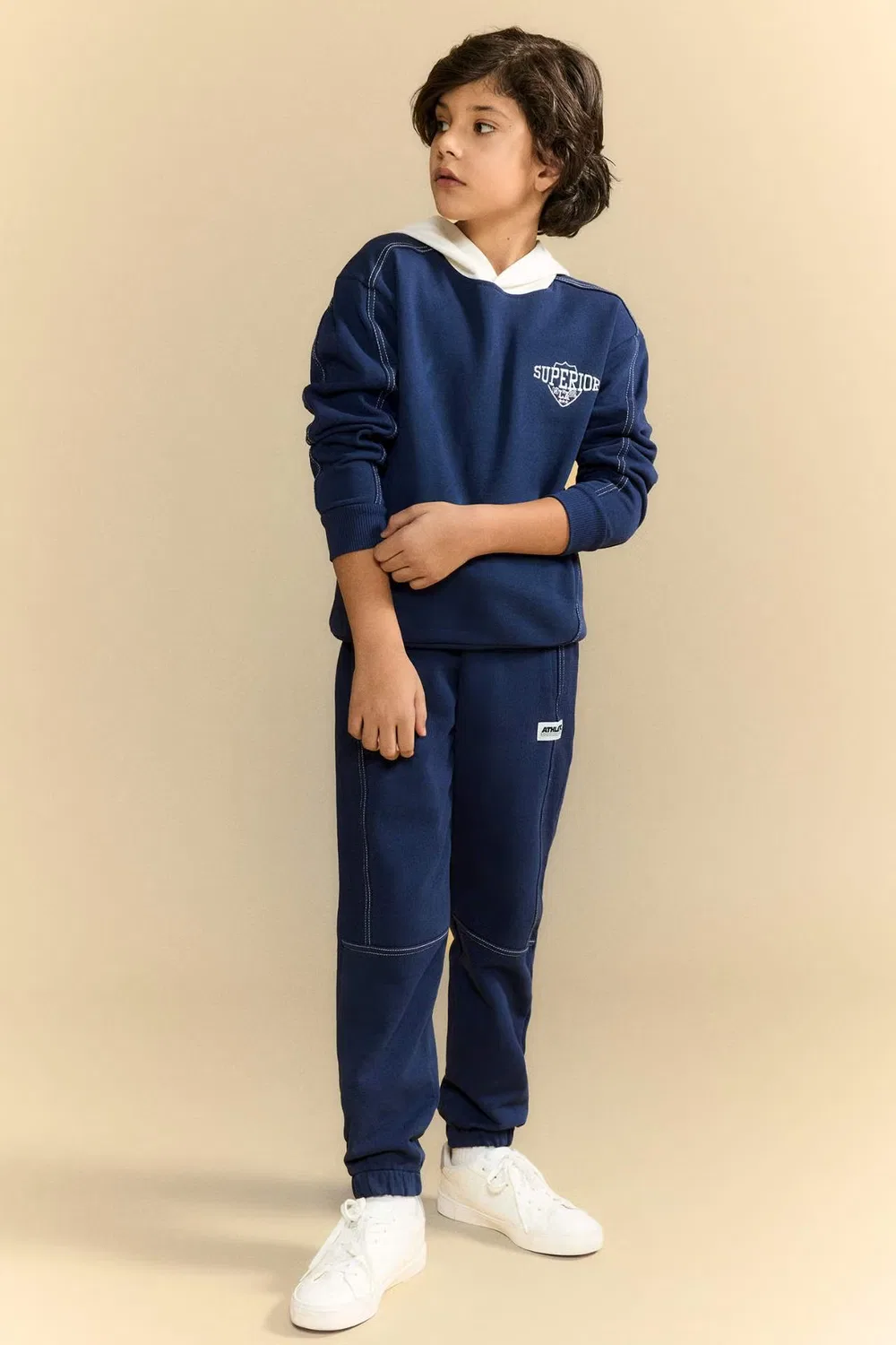 Комплект из худи и штанов с принтом, модель Boy printed hoodie sweatpants 2 piece set, Defacto, темно-синий