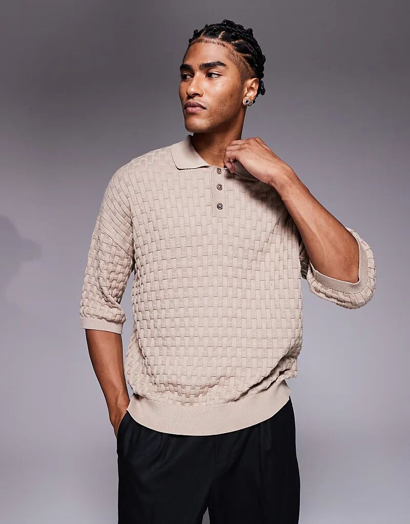 

Текстурированное поло свободного кроя с рукавами 3/4 от ASOS DESIGN бежевого цвета