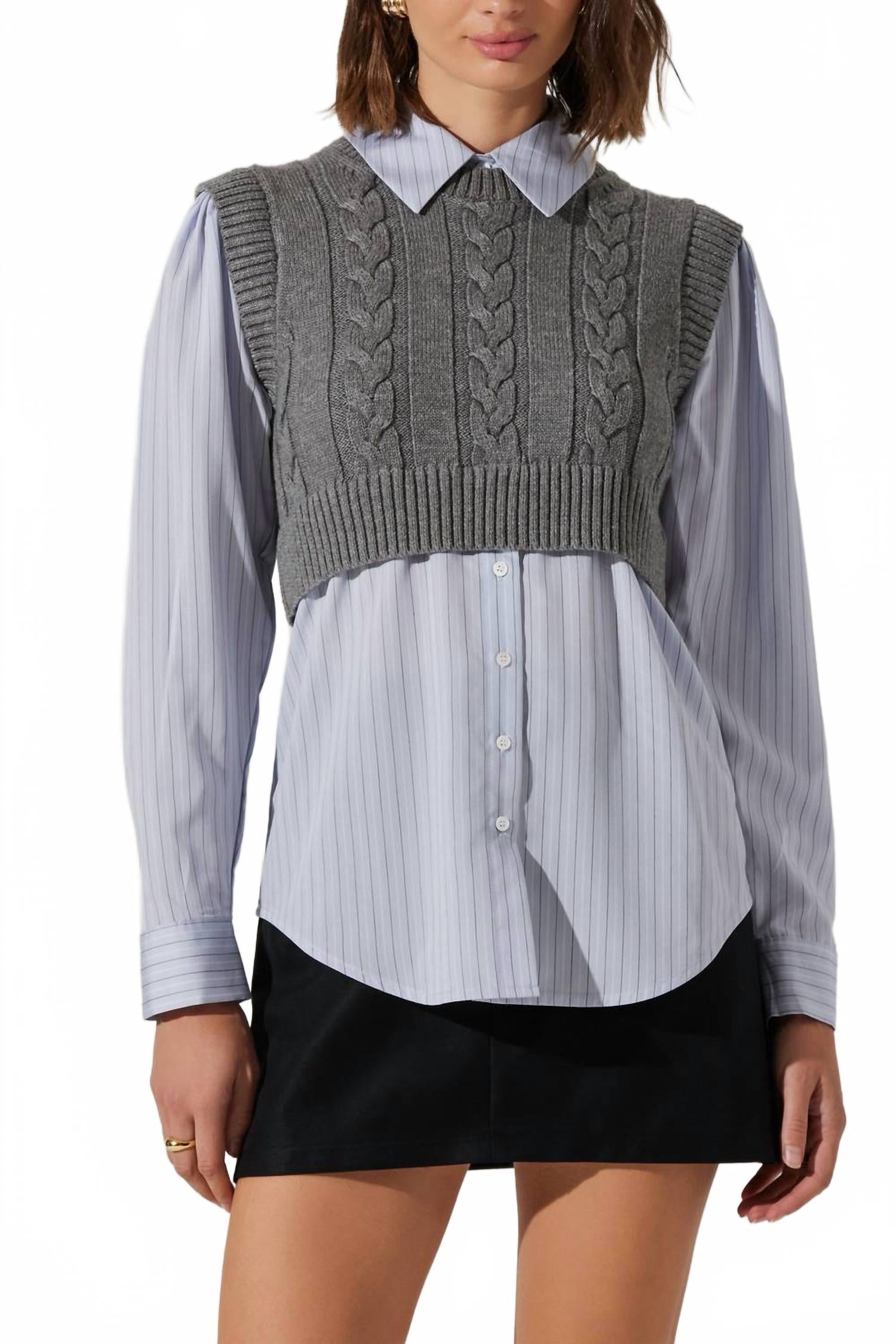 

Фланнери комбинированная рубашка с кабельным узором в сине-сером цвете ASTR