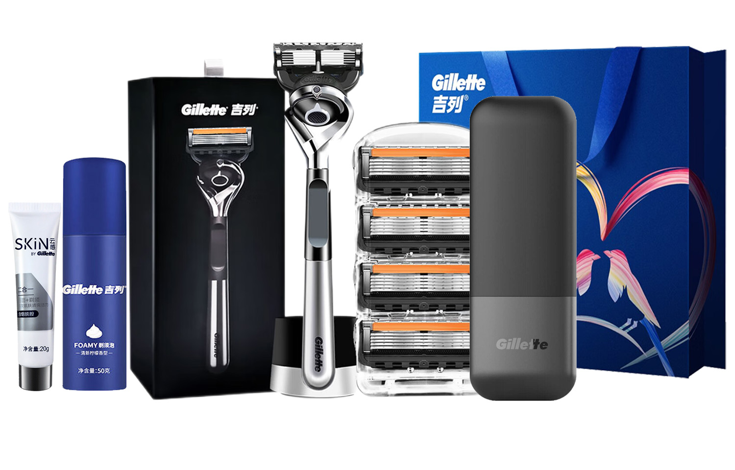 Подарочный набор для мужчин Gillette: бритвенный станок Fusion5 ProGlide + сменные кассеты + пена для бритья + дорожный футляр