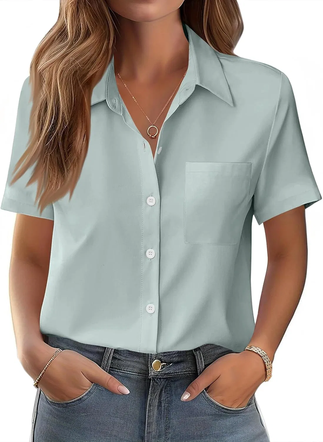 Блузка с принтом, Women's 2026, на пуговицах, 1-light Blue — фото 4