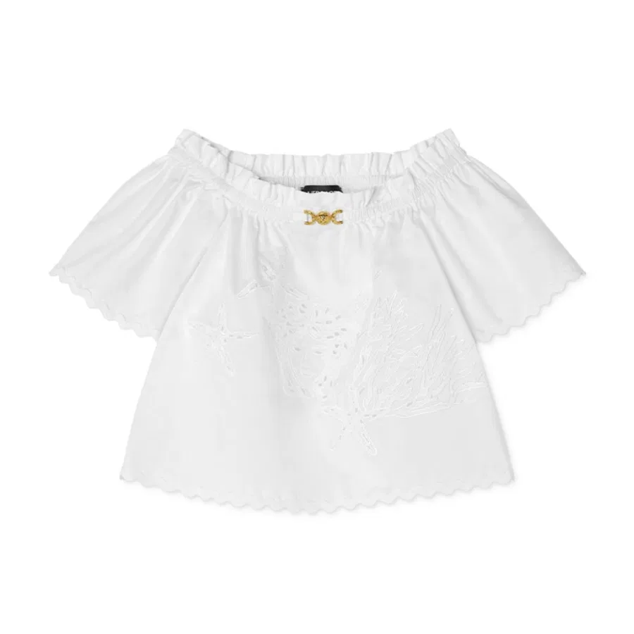 Детская рубашка с вышивкой Sangallo Kids Sangallo Embroidered Cotton Shirt Young Versace, Bianco Lana