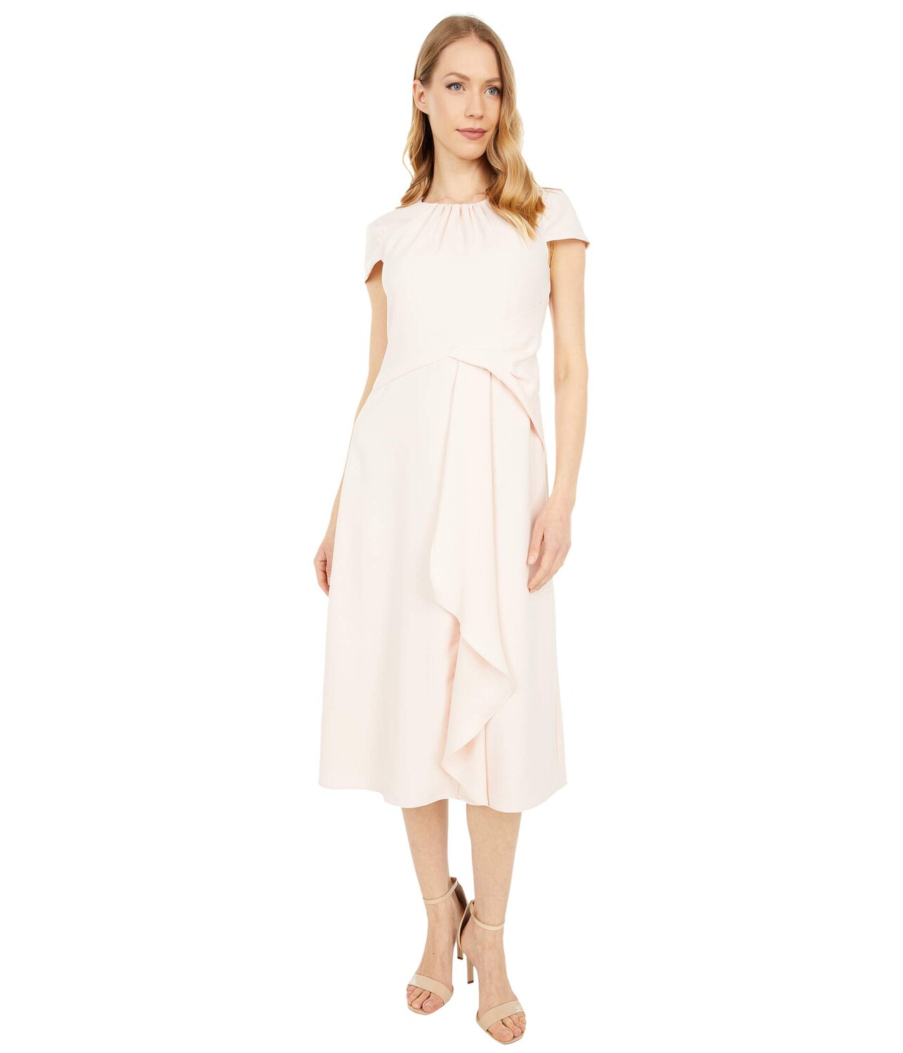 

Платье Vince Camuto, Crepe Back Satin Cap Sleeve Shirring Neck Ruffle Midi