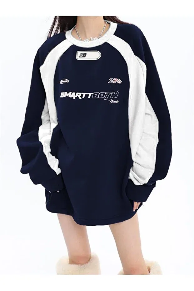 Детские свитшот оверсайз с принтом Y2K streetwear smarttooth printed Touz Moda, Navy Blue