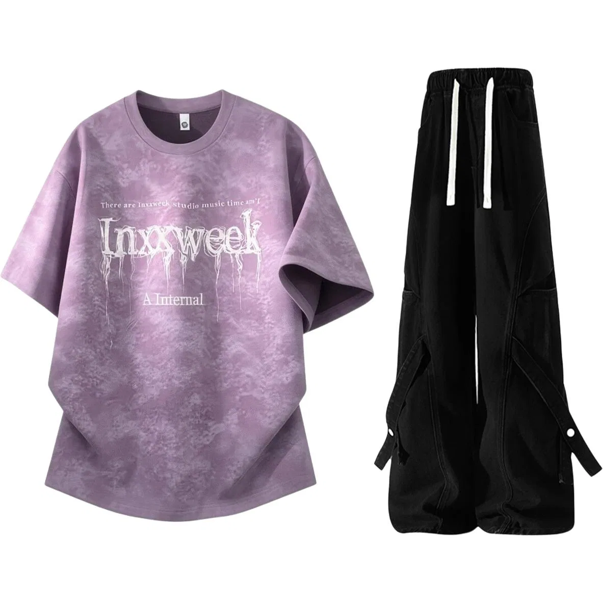 Детский комплект спортивной одежды с коротким рукавом и джинсами, GWAF, Purple Tie-Dye Short-Sleeved+Black Workwear Jeans