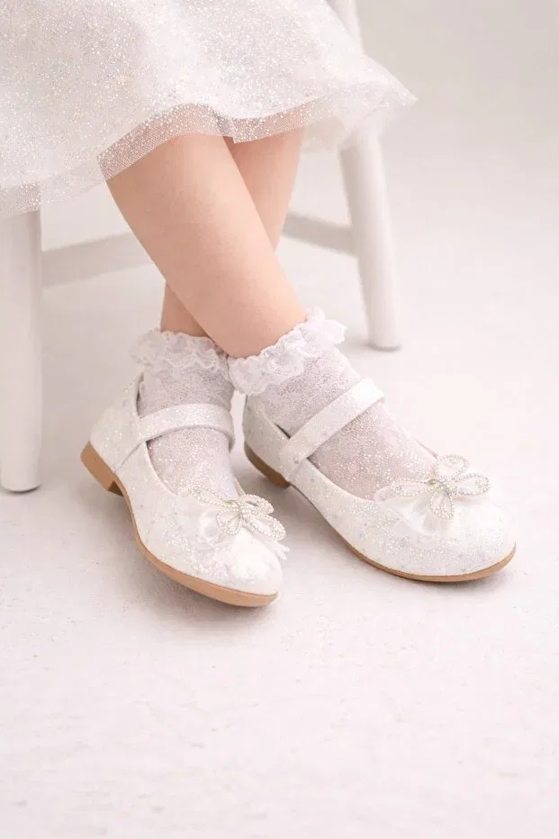 Детские балетки для девочек с принтом Sparkly Sand Glitter Textured Butterfly Figure Detailed Minibonito, White — фото 3