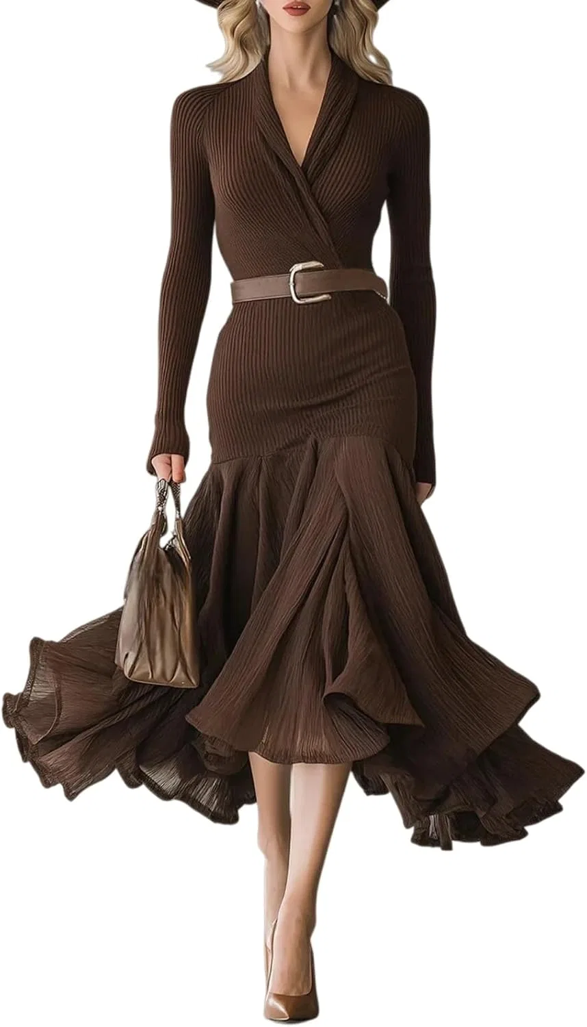 Женское платье миди с V-образным вырезом Ribbed Knit Dress, Dark Brown