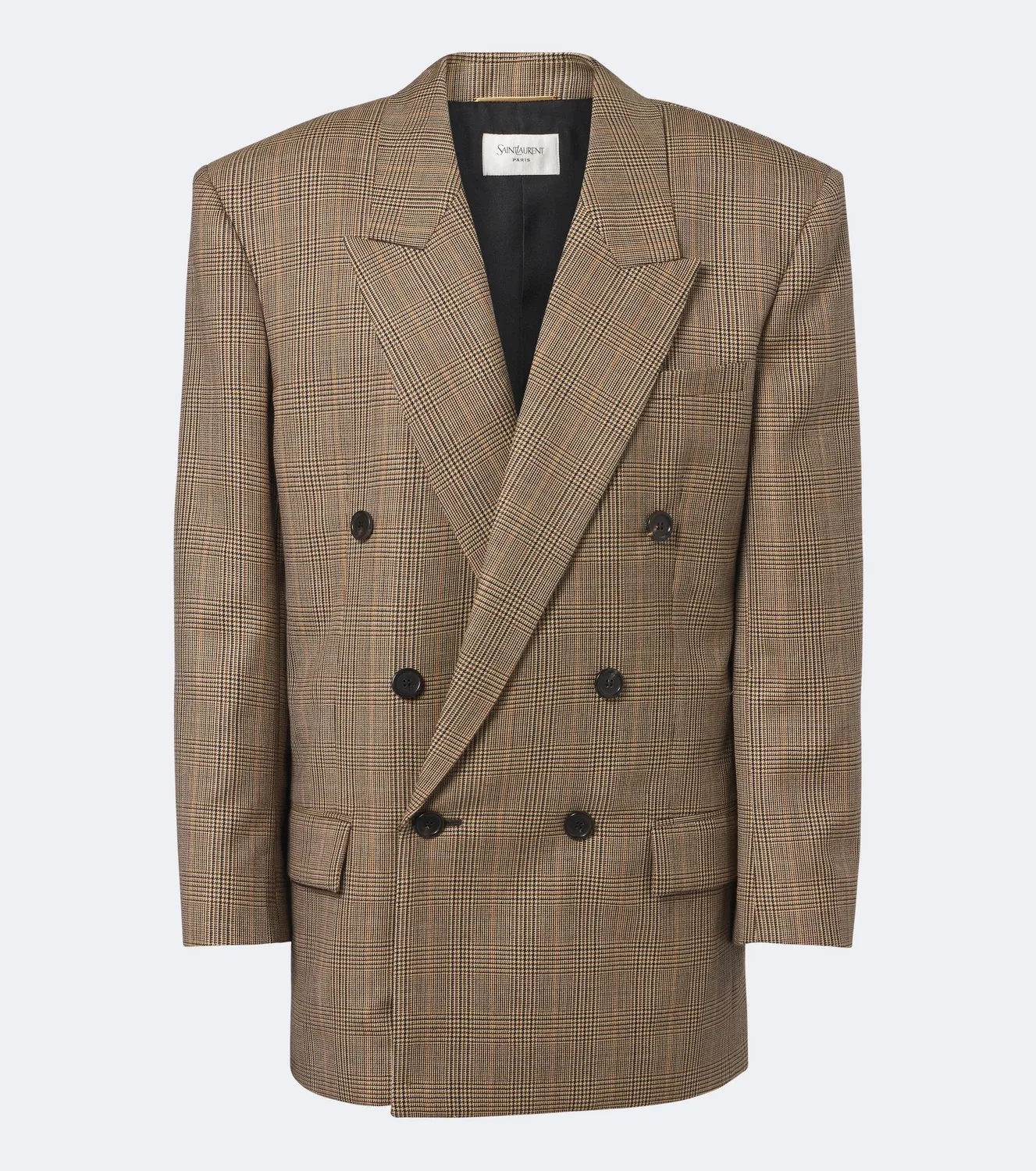 Двубортный пиджак из шерсти Prince of Wales, Saint Laurent, бежевый Marron Marine