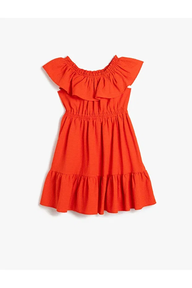 Детское платье для девочек с коротким рукавом-колокол Ruffle Detailed Boat Neck Sleeveless Dress Koton, Red