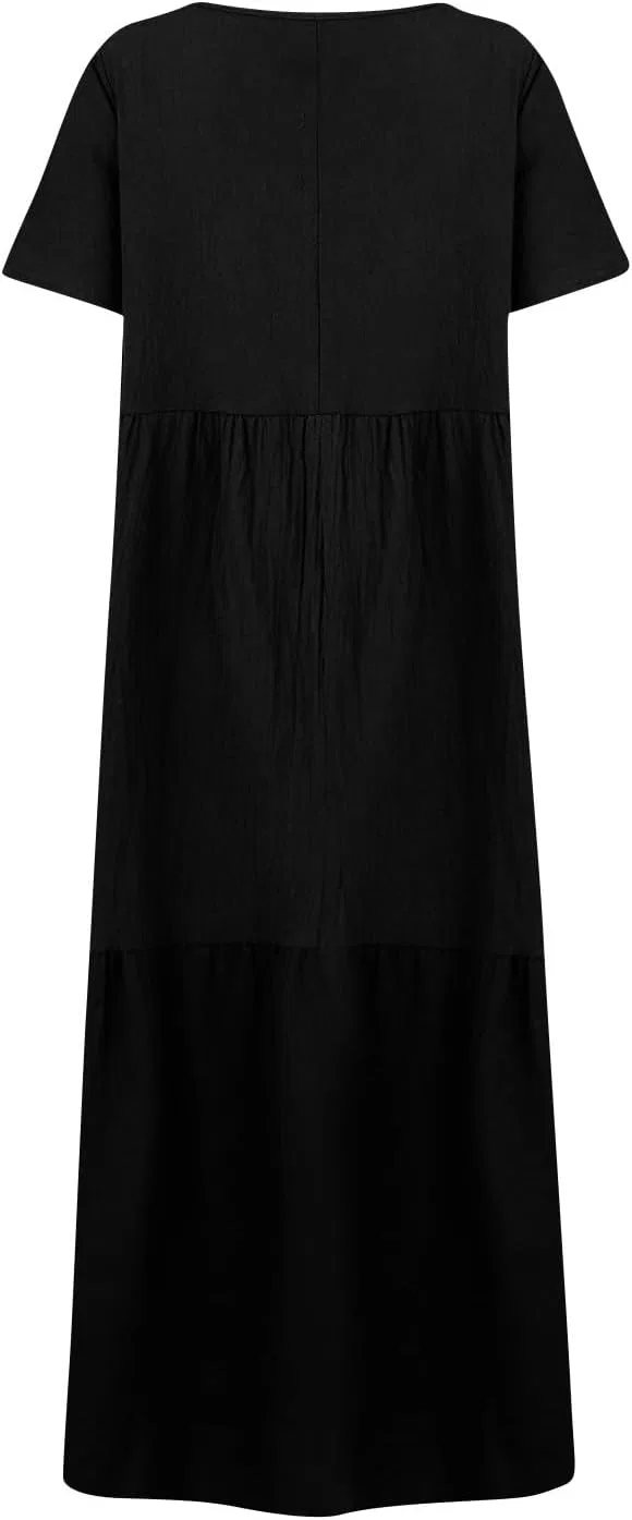 Повседневное плюс-сайз платье макси с V-образным вырезом Cotton Linen, A002-black — фото 3
