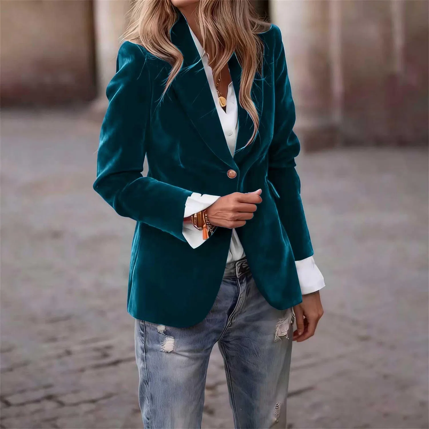 Женское бархатное пальто с принтом Vintage Casual Slim Fit Jacket, Blu Cielo — фото 2