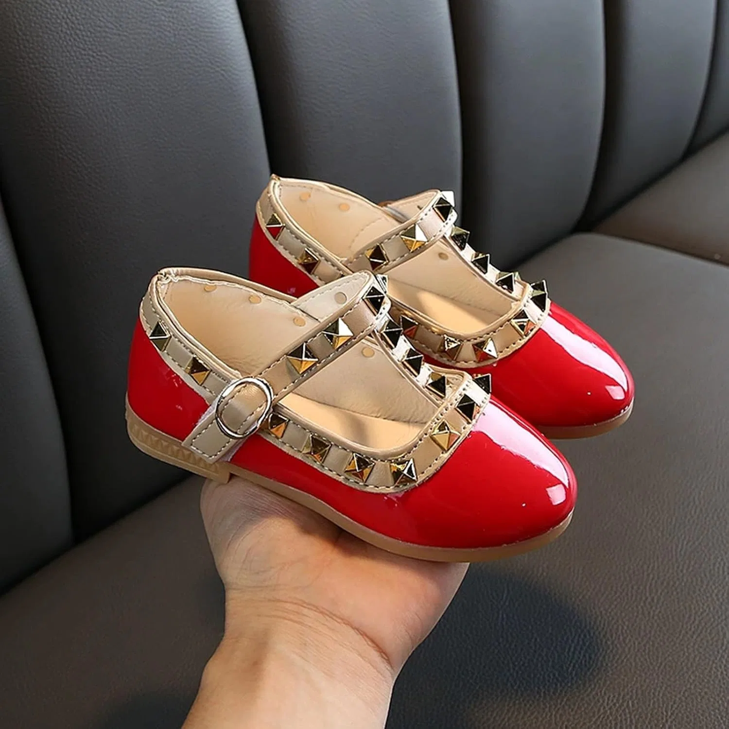 Детские туфли для девочек с блестками Mary Jane Flat Low Heel Princess Dress Shoes, Red — фото 2
