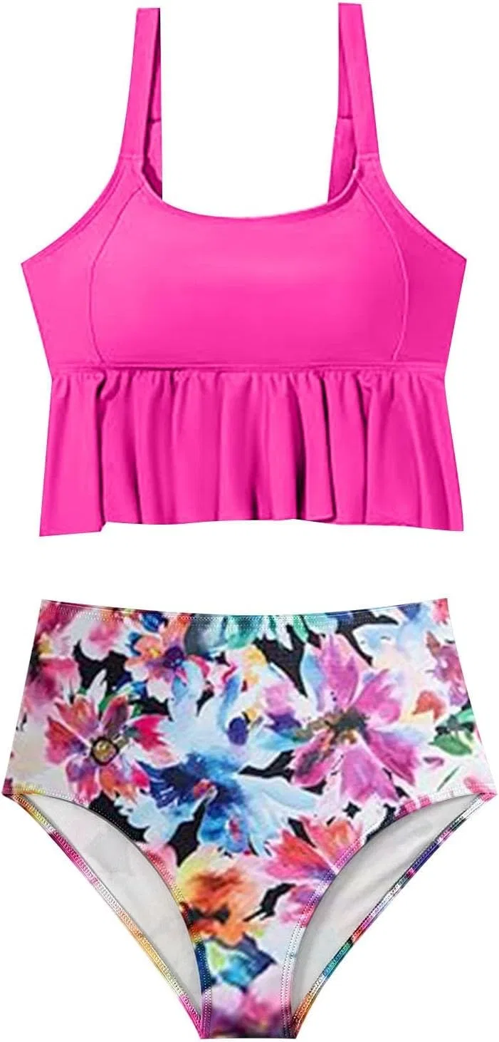 Женский танкини с воланами на топе, tummy control, Pink — фото 4