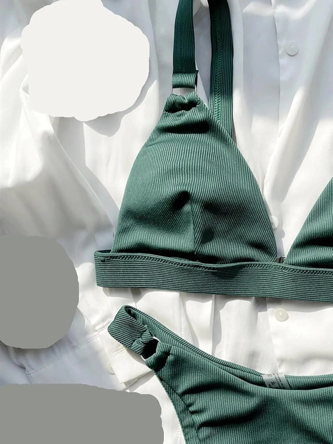 Женский бикини-сет с V-образным вырезом и ребристой тканью, Dark Green — фото 3