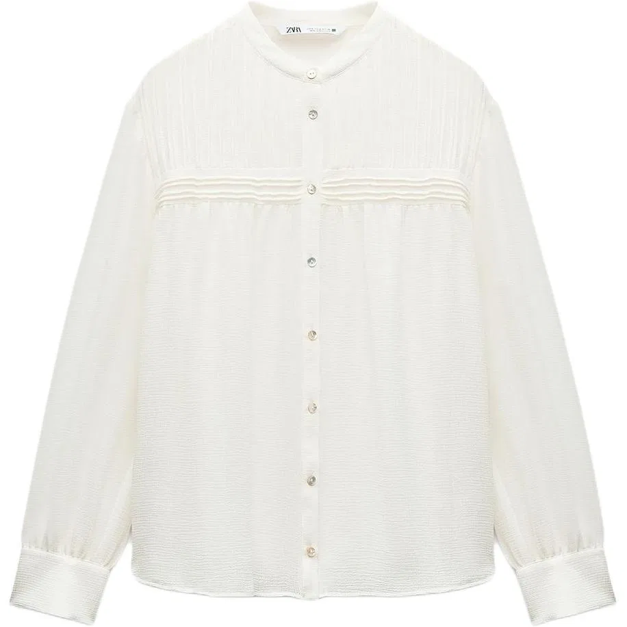 Женская рубашка с круглым вырезом, белая, ZARA, Raw White