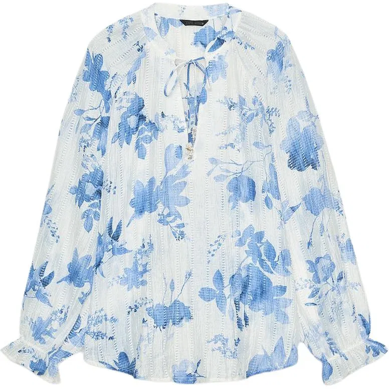 Женская рубашка с V-образным вырезом с длинным рукавом ZARA, Blue/White