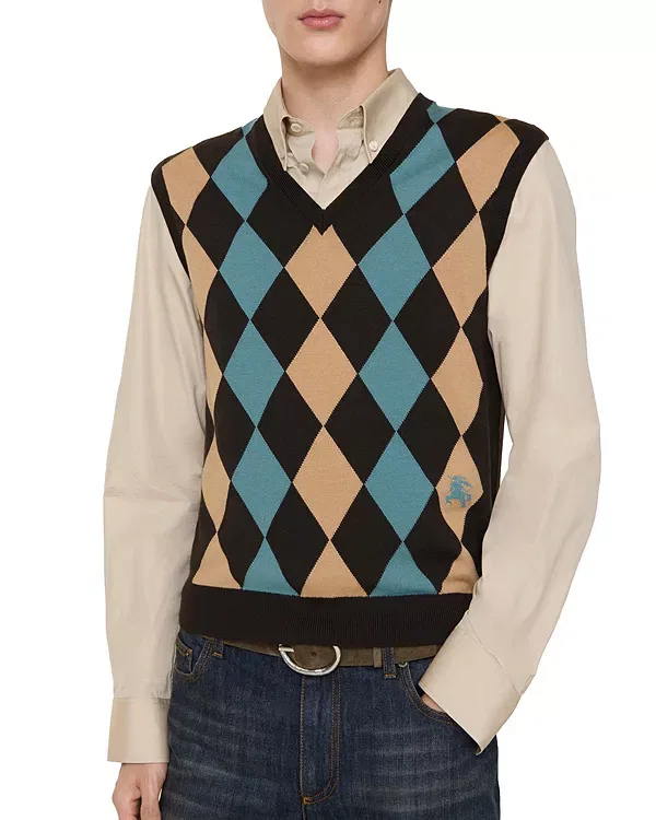 Мужской вязаный жилет с V-образным вырезом из мериносовой шерсти Argyle Burberry, Charred Brown