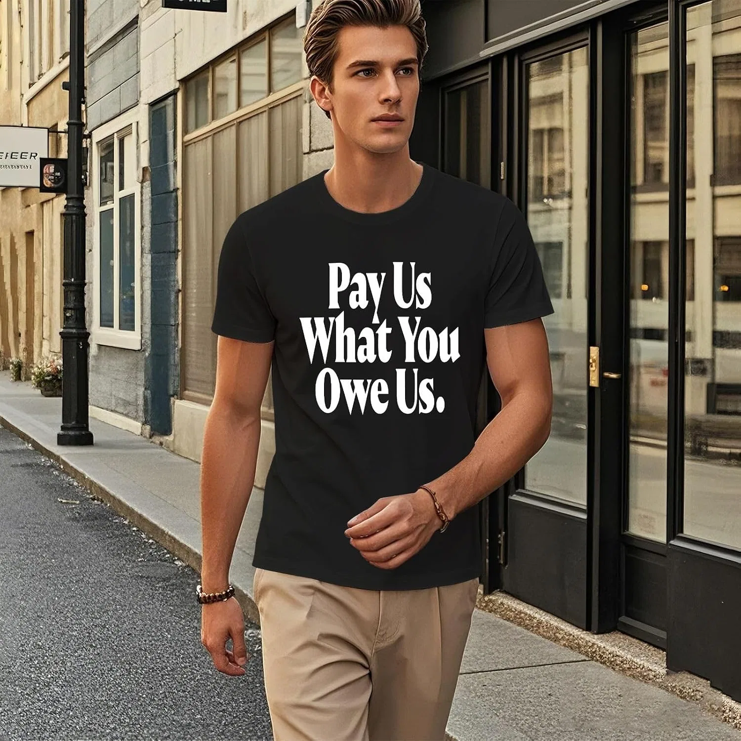 Мужская футболка с принтом Letter Print Shirt-004, Paey Us What You Owae Uns5 — фото 4