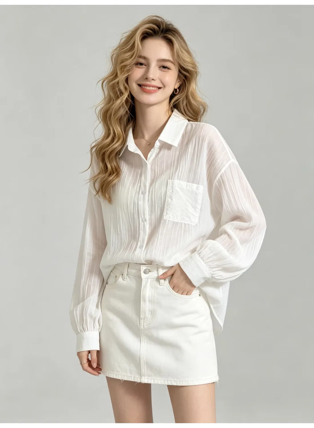 Рубашка свободная с длинным рукавом Zara, белый
