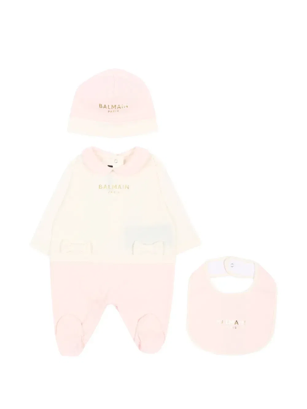 Комплект из боди с логотипом и деталями в виде бантов Balmain Kids, бежевый