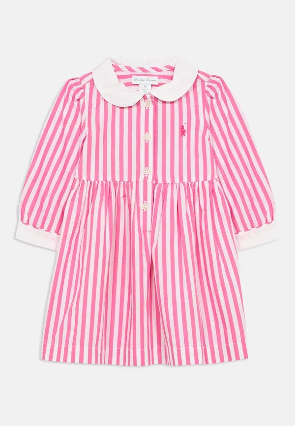 Комплект платье-рубашка с полосками и шортики Striped poplin shirtdress & bloomer, Polo Ralph Lauren, Desert Pink/White, белый/розовый