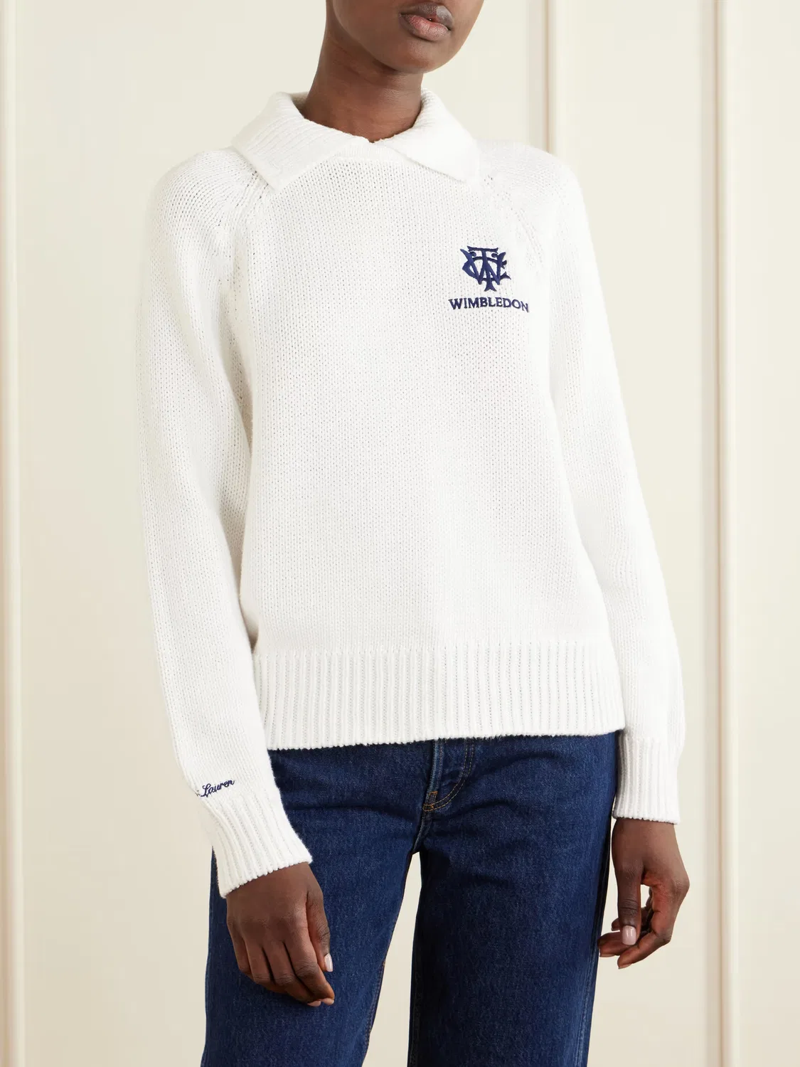 Хлопковый свитер с вышитым логотипом Уимблдона Polo Ralph Lauren, белый — фото 3