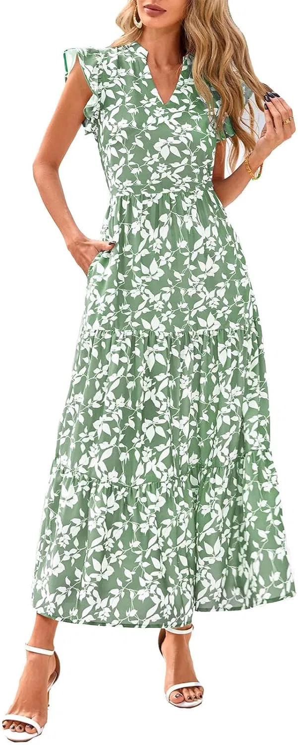 Женское макси-платье с цветочным принтом, Cap Sleeve V Neck Ruffle Tiered, Light Green