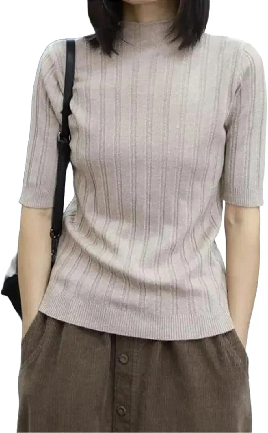 Женская тонкая вязаная футболка с высоким воротом Half Sleeve, Khaki