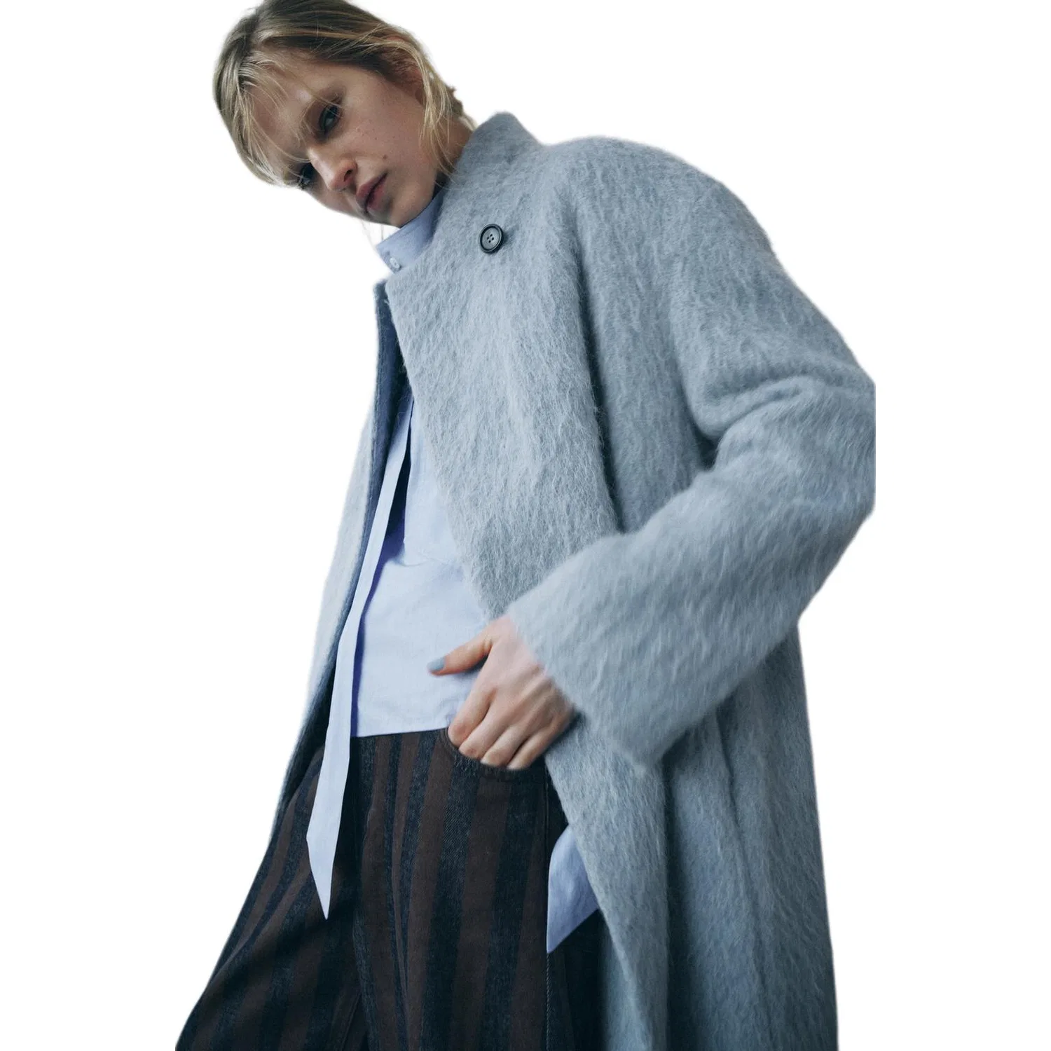 Женское пальто прямого кроя с воротником-стойкой Sky Blue ZARA, Sky Blue — фото 4