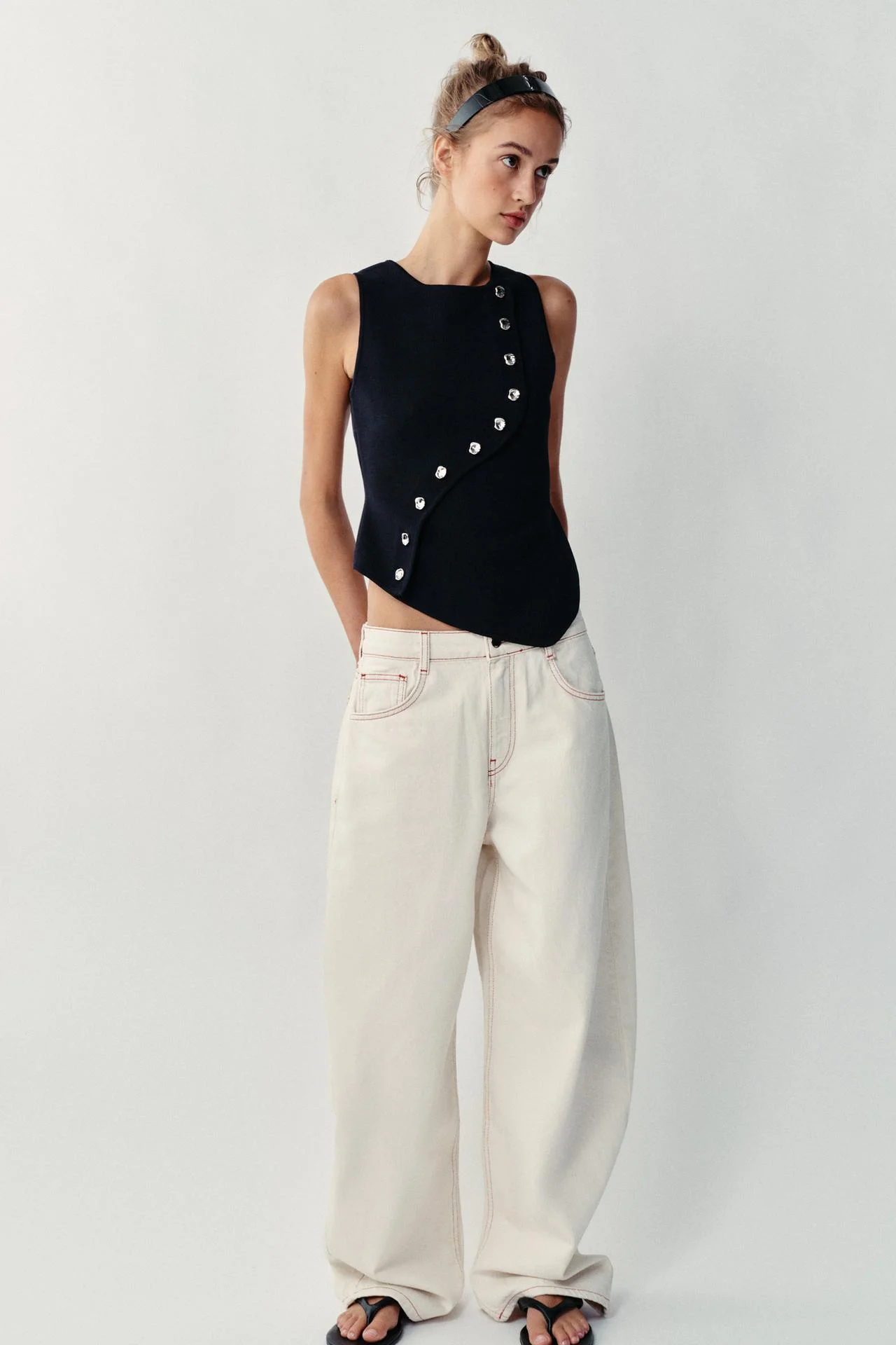 Топ Zara трикотажный с асимметричной застежкой, темно-синий — фото 3