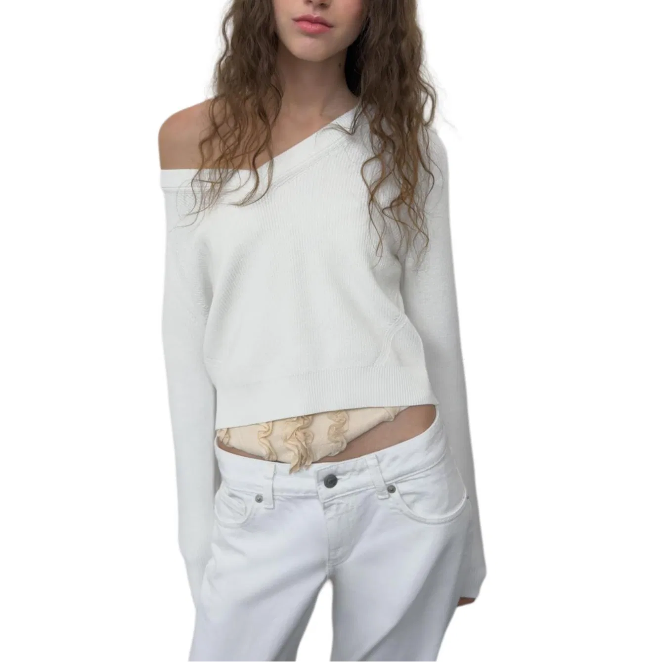 Женский свитер с V-образным вырезом White ZARA, Белый — фото 4