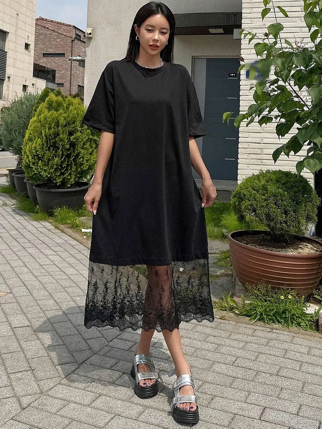 Женское повседневное платье миди с кружевной отделкой, Black — фото 2