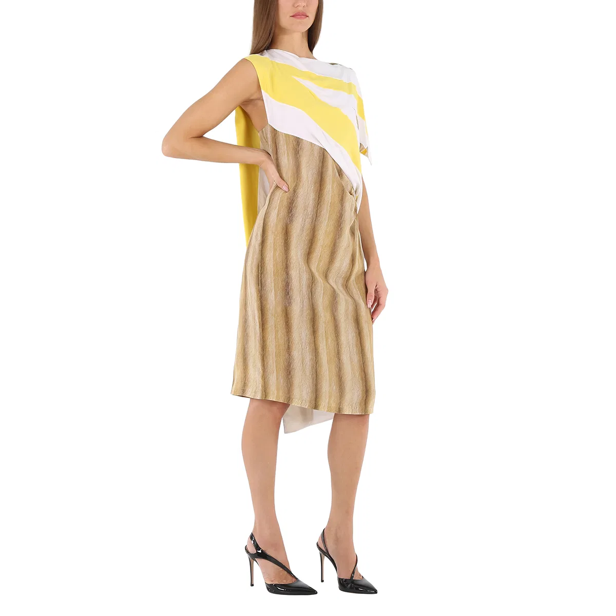 Платье из шелка с графическим принтом, асимметричное Burberry, Bright Straw — фото 2