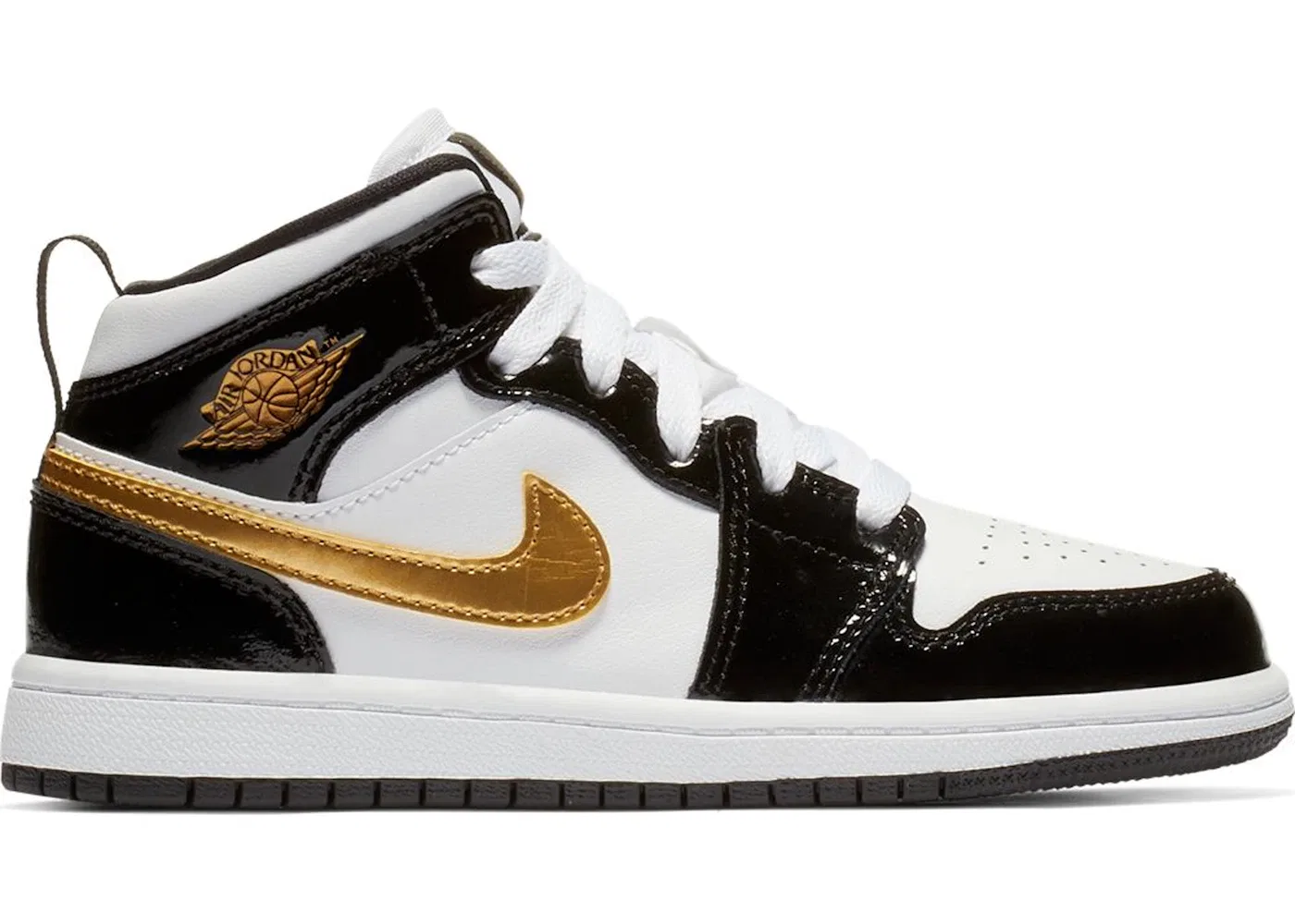 Детские кроссовки Jordan 1 Mid Patent Black White Gold, цвет Black/White-Metallic Gold