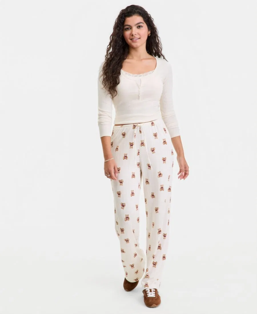 Домашние брюки с принтом и шнурком Hippie Rose, Oat Teddy Bear