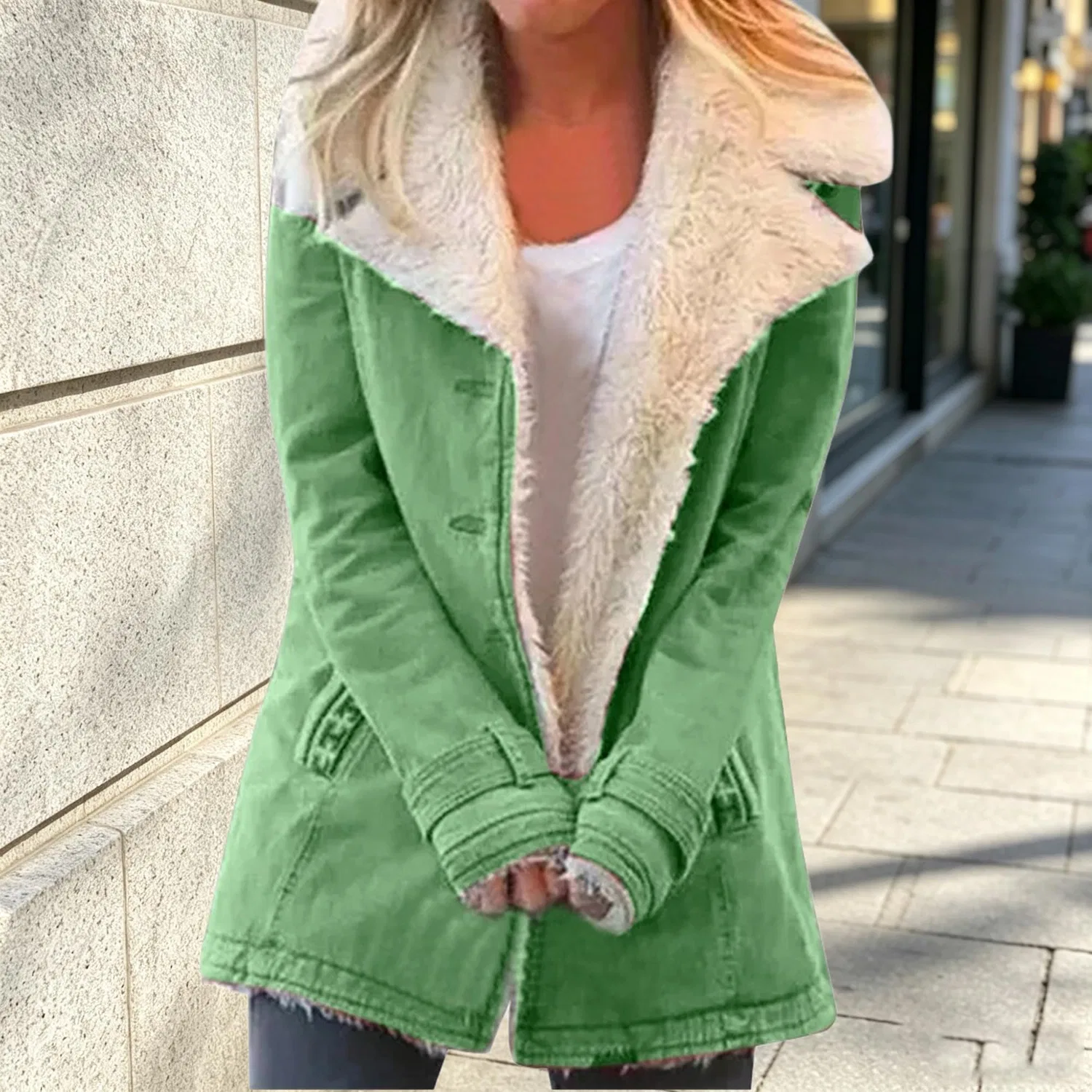 Женская джинсовая куртка на флисе с принтом, модель Oversized Casual, Verde A — фото 2