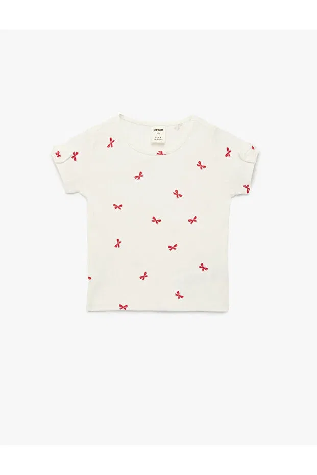 Детская футболка для девочек хлопковая Ecru baby girl t-shirt with bow detail Koton, Ecru Patterned