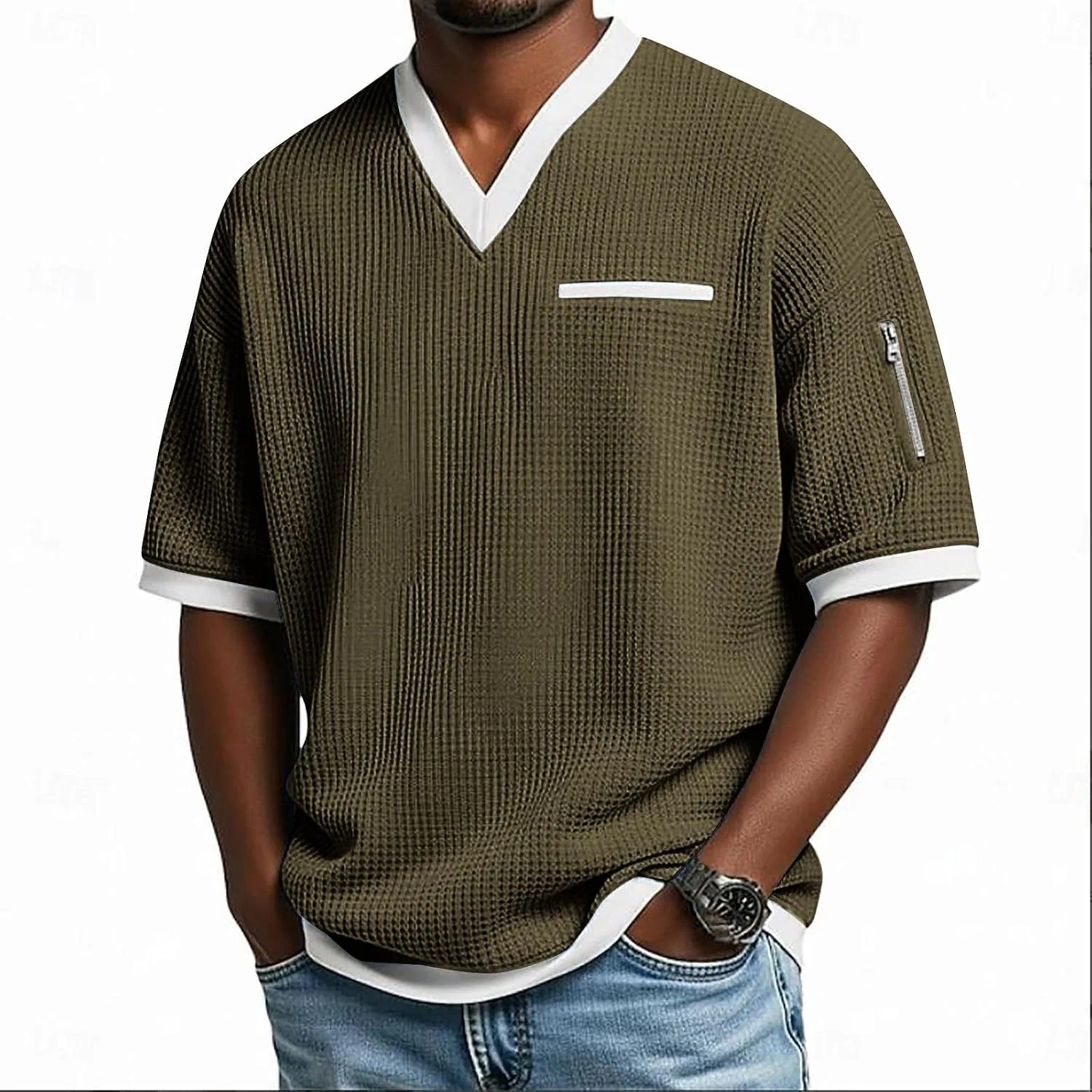 Мужская футболка с воротником-стойкой Waffle Henley, Army Green — фото 2