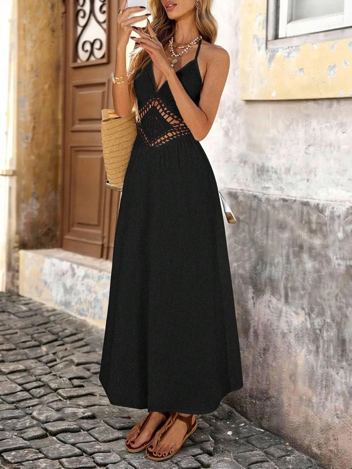 Женское платье-трапеция без рукавов Boho, чёрный — фото 4