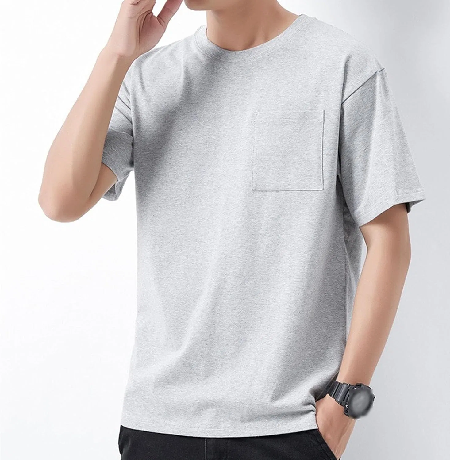 Мужская футболка с нагрудным карманом, Casual Regular Fit Crew Neck Tee, серый — фото 4