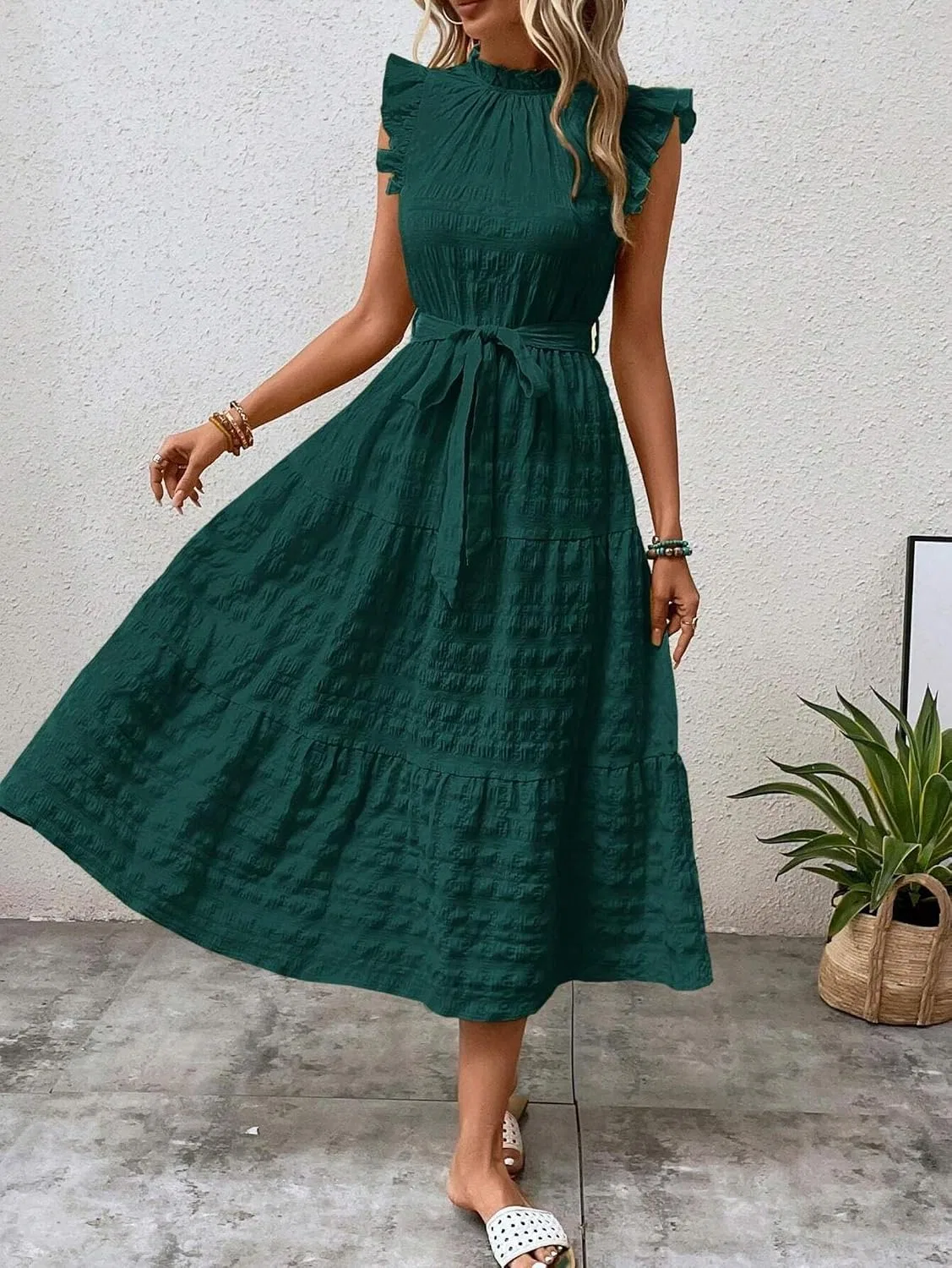 Женское платье миди с воланами и кружевным воротником Dark Green — фото 4