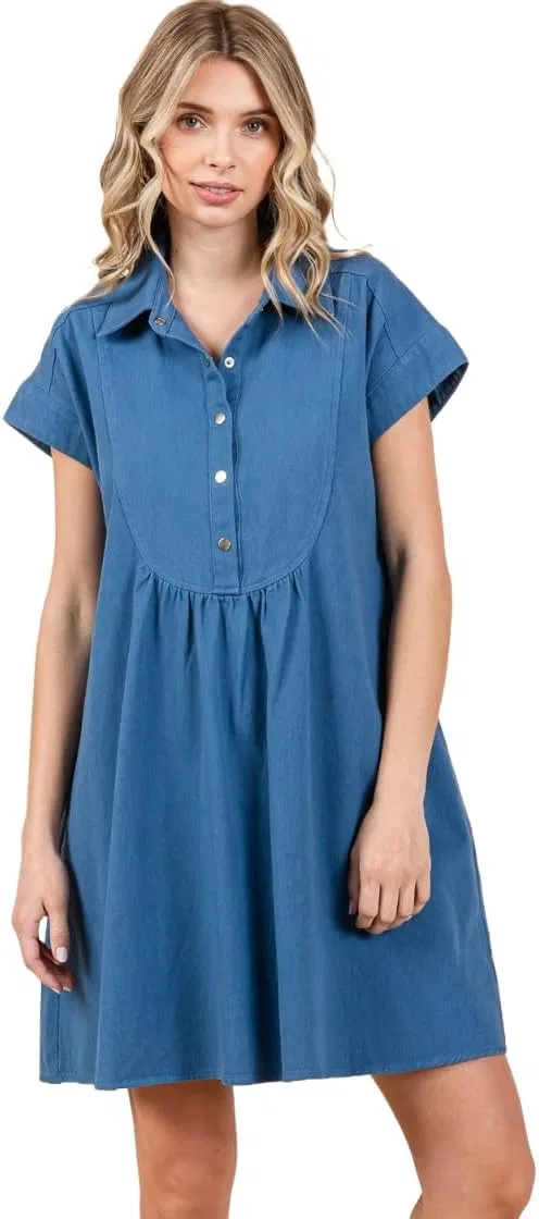 Женское мини-платье с воротником и пуговицами Twill Short Sleeve Collared Mini Dress, Denim