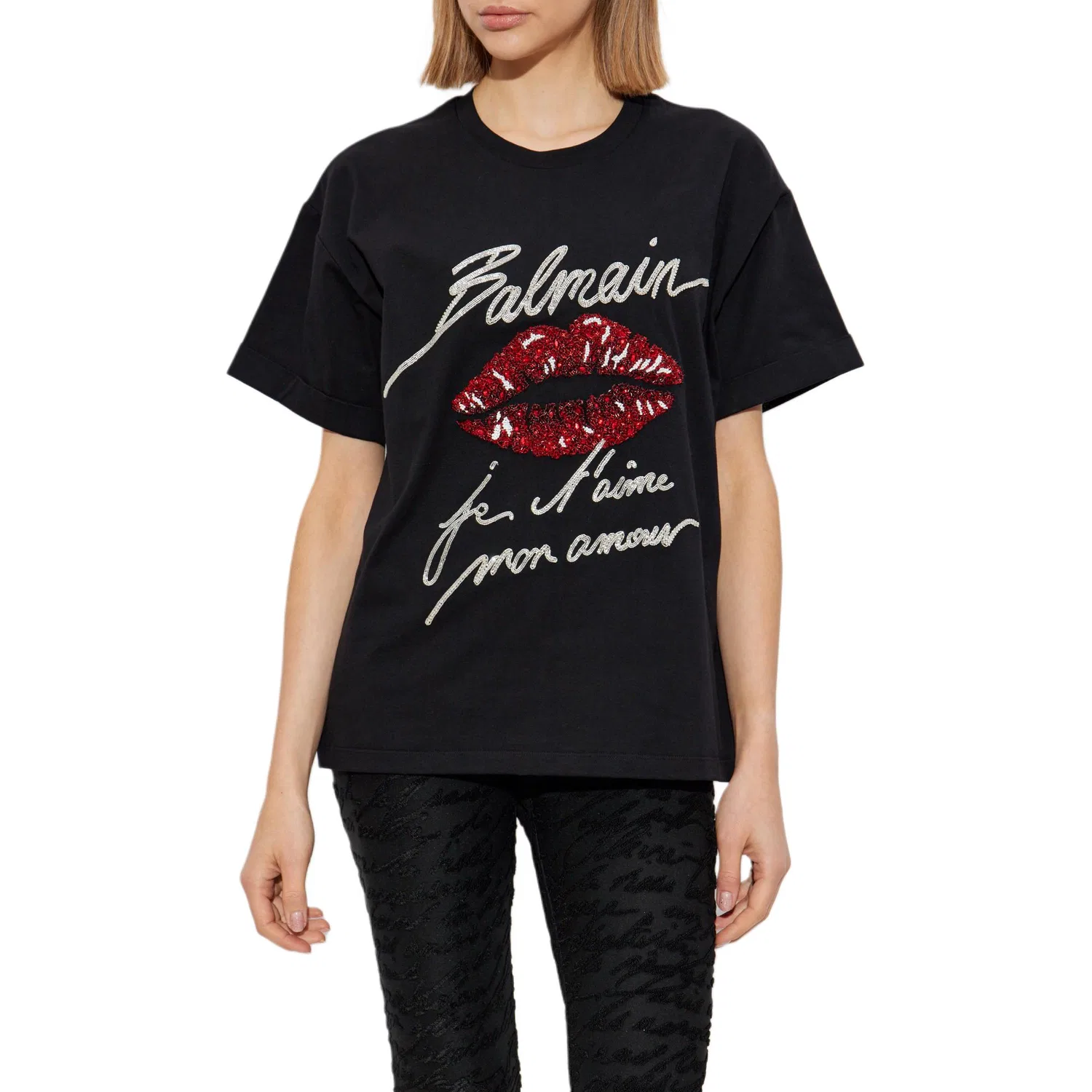 Женская футболка с принтом Logo Embellished Crewneck BALMAIN, Black — фото 4