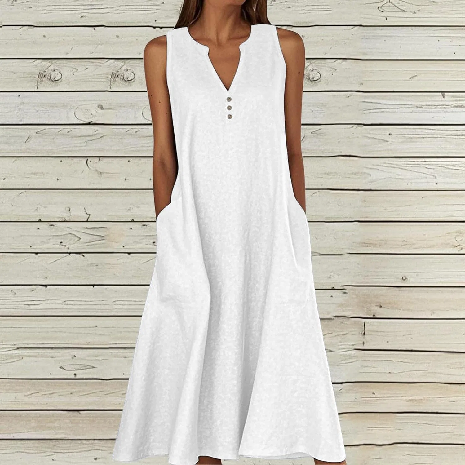 Женское летнее платье миди свободного кроя с карманами Cotton Linen, White — фото 2
