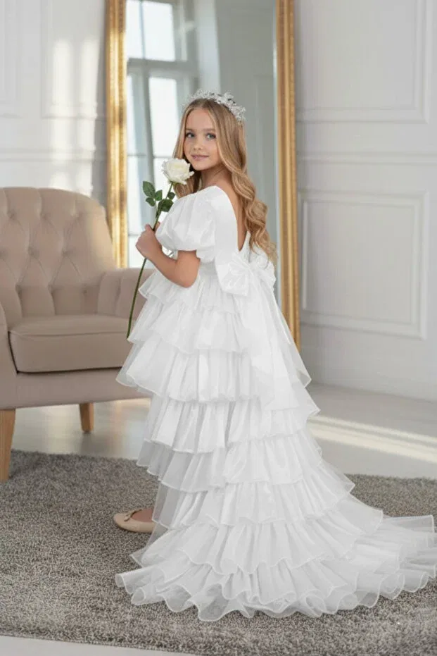 Детское вечернее платье для девочек с коротким рукавом Dream model crowned tailed white children's evening dress kids aby230 Abiyekids, White — фото 2