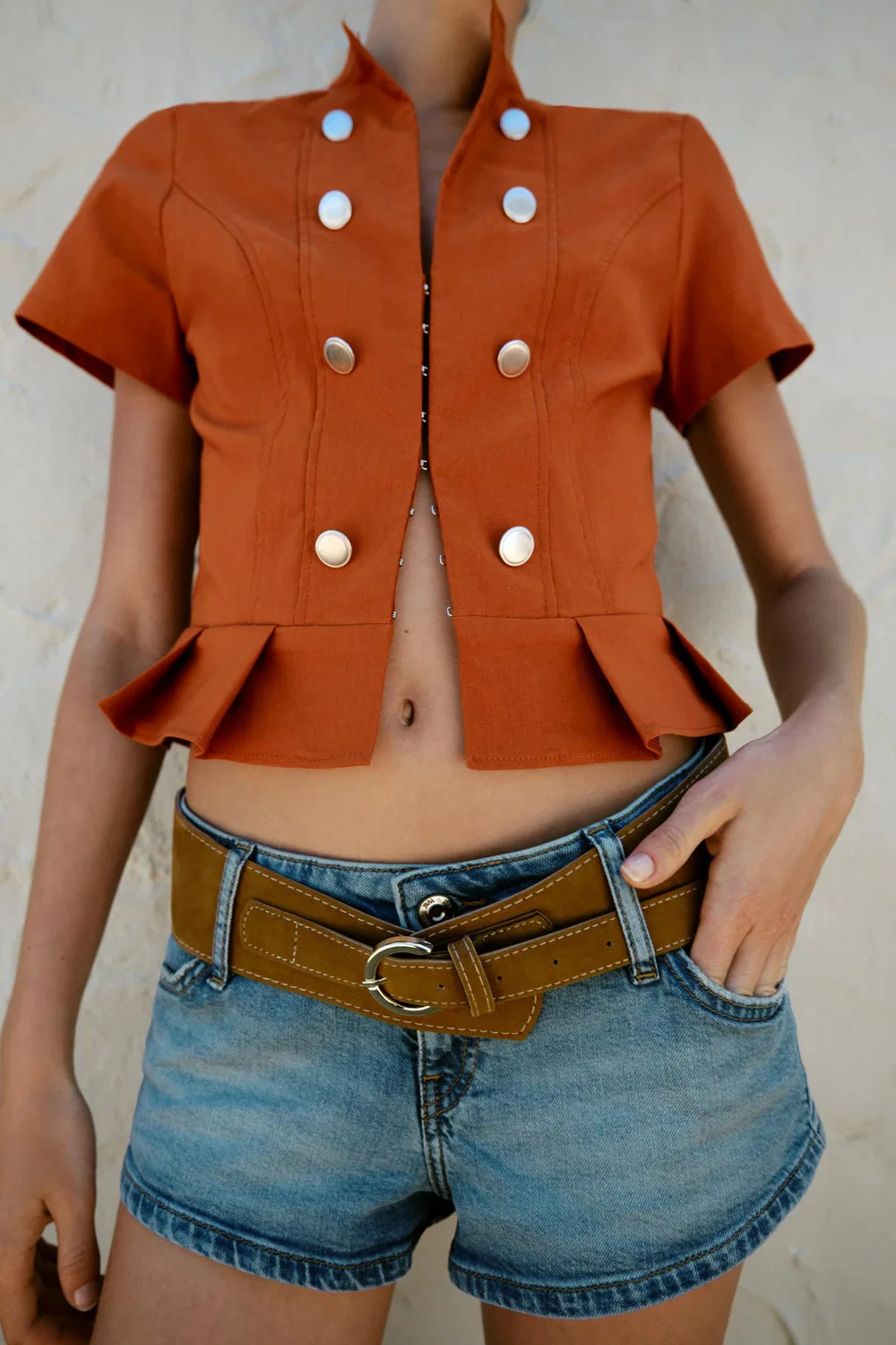 Футболка с короткими рукавами и пуговицами ZARA, Terracotta — фото 3