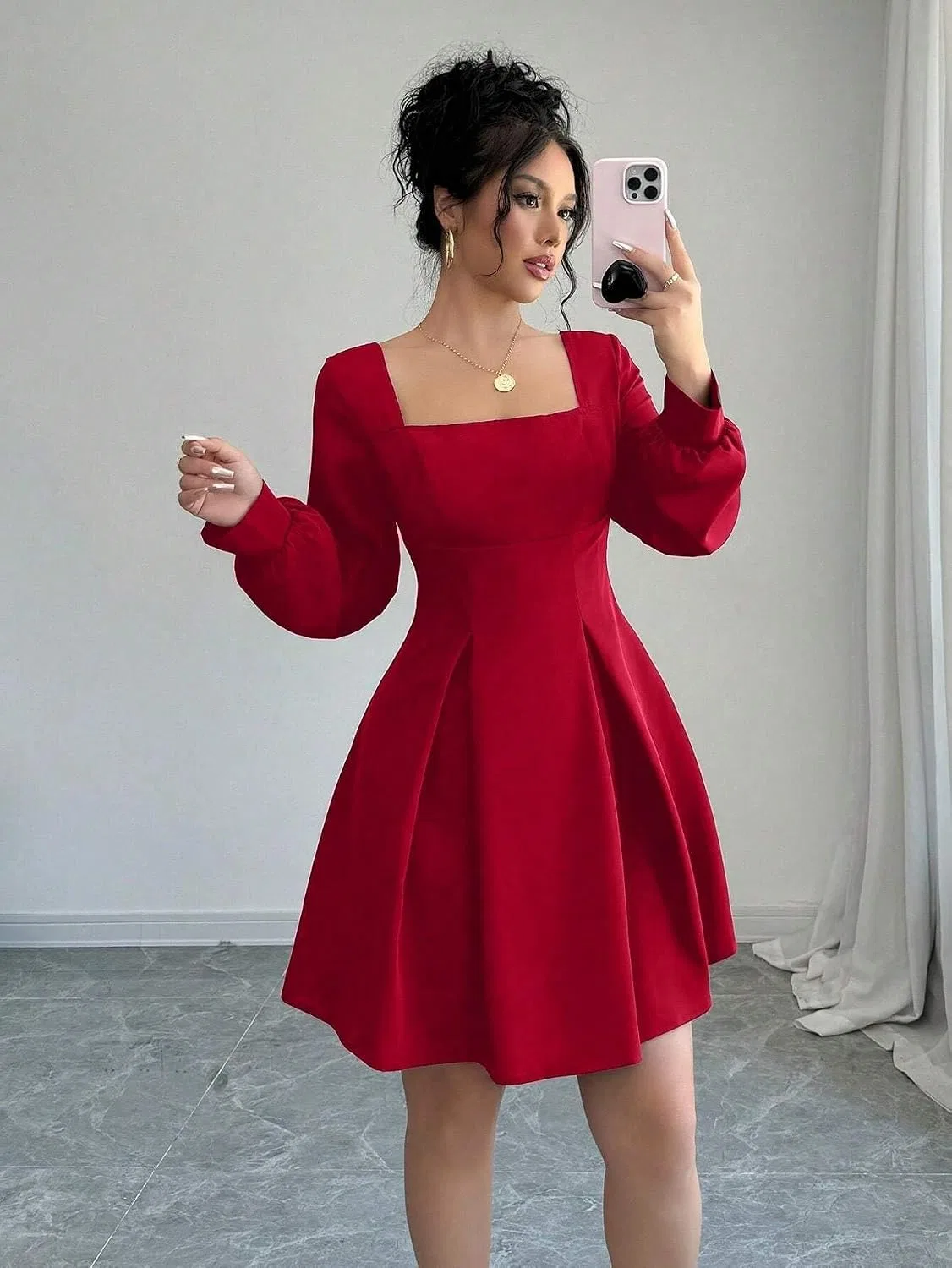 Женское мини-платье А-силуэта с квадратным вырезом, Red — фото 2