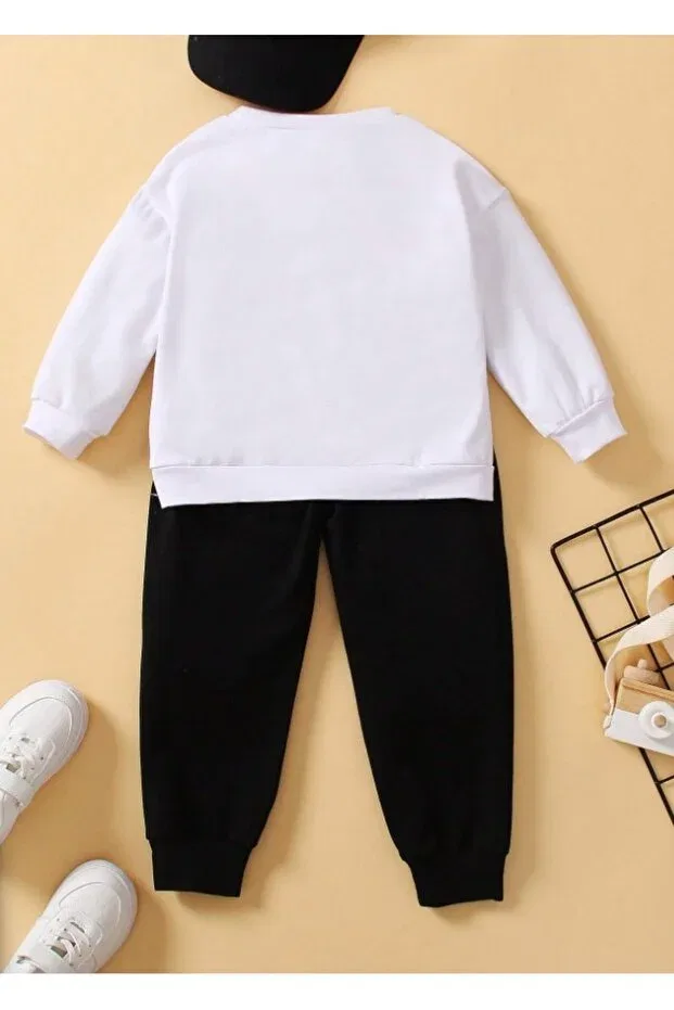Детский комплект свитшота и спортивных брюк оверсайз с принтом Lepold, White/Black — фото 2